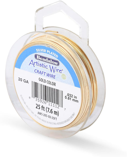 Artistic Wire, 20 Gauge Silver Plated Tarnish Resistant Colored Copper Craft Wire Gold Color, 25 ft