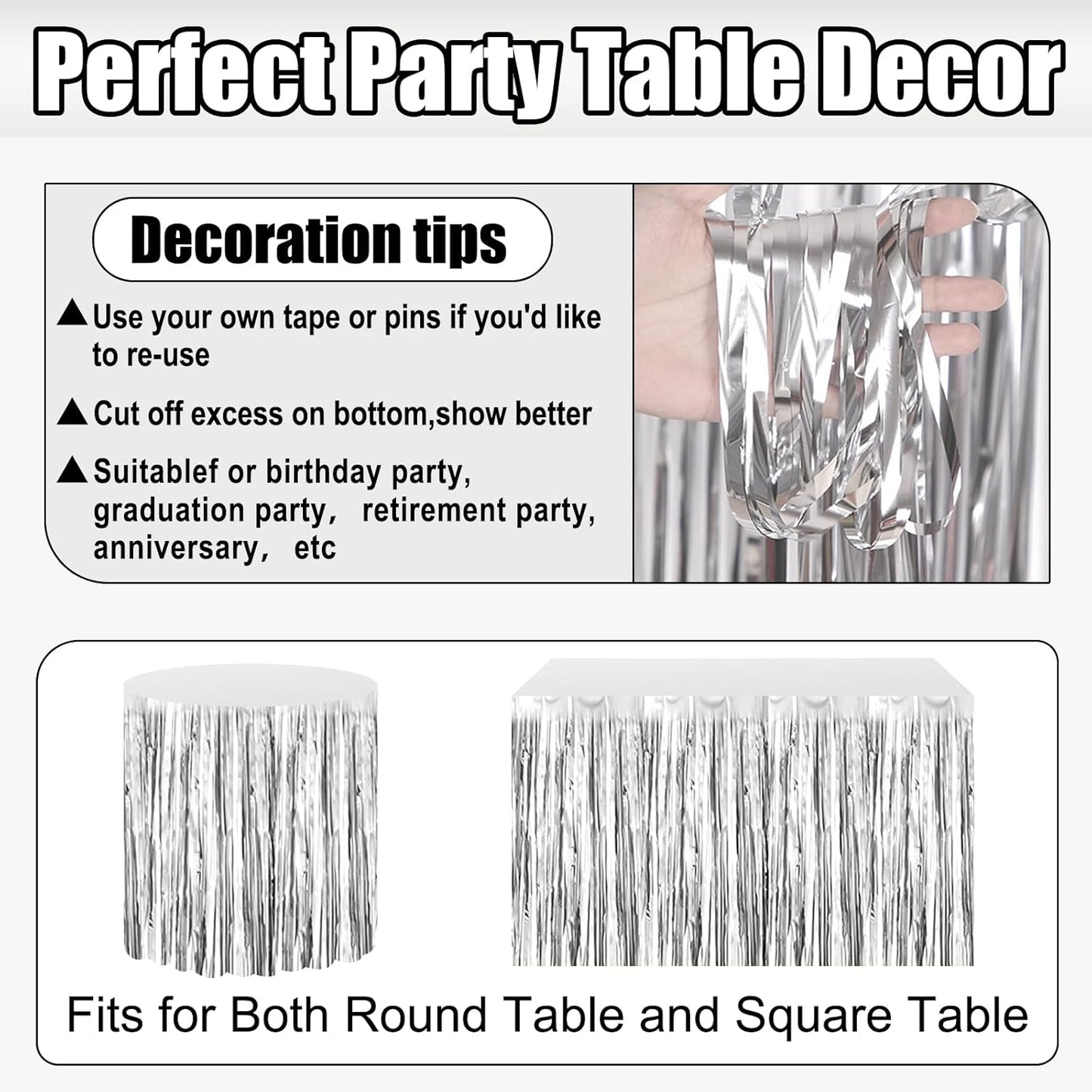 3 Pack 29x108 Inch Silver Foil Fringe Table Skirts Metallic Banner for Tinsel Streamer Garland Backdrop for Parade Floats Wedding Thanksgiving Birthday Christmas Halloween Party Decoration