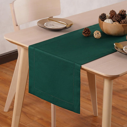 Green Table Runner 48 Inch – Cotton Linen Hemstitch Farmhouse Table Runner 14x48 – Washable Fabric for Dining Table, Spring, Summer, Wedding, Christmas, Everyday Décor – Serena