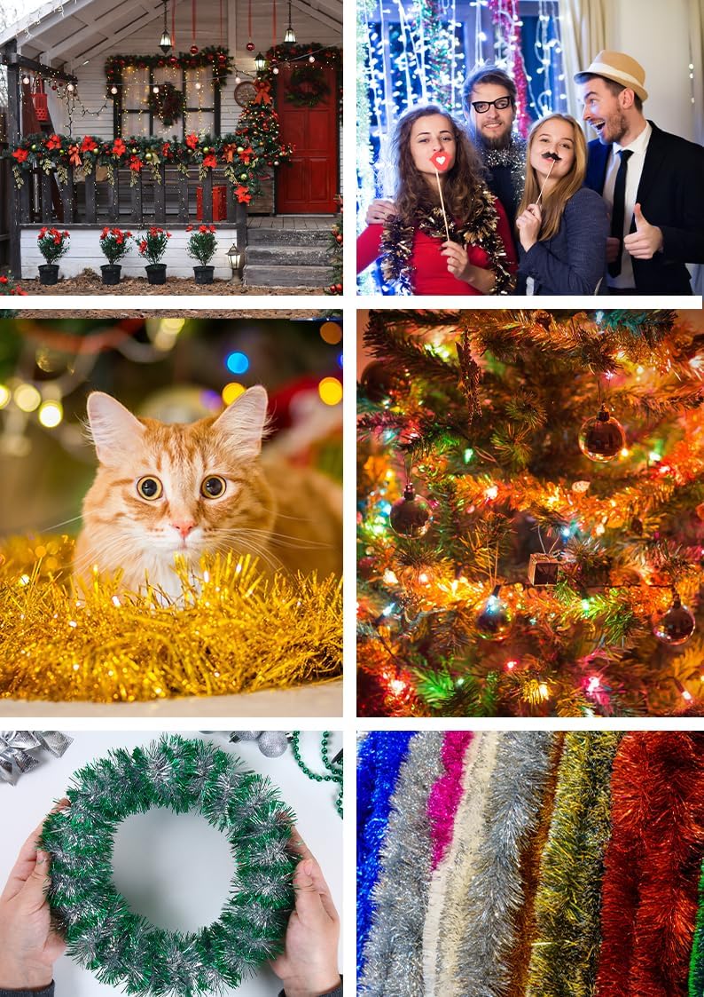 Mandala Crafts Red Tinsel Garland - Thin Metallic Foil Glitter Mini Garland for Christmas Tree, Party, Wedding Decor, and Holiday Decorations