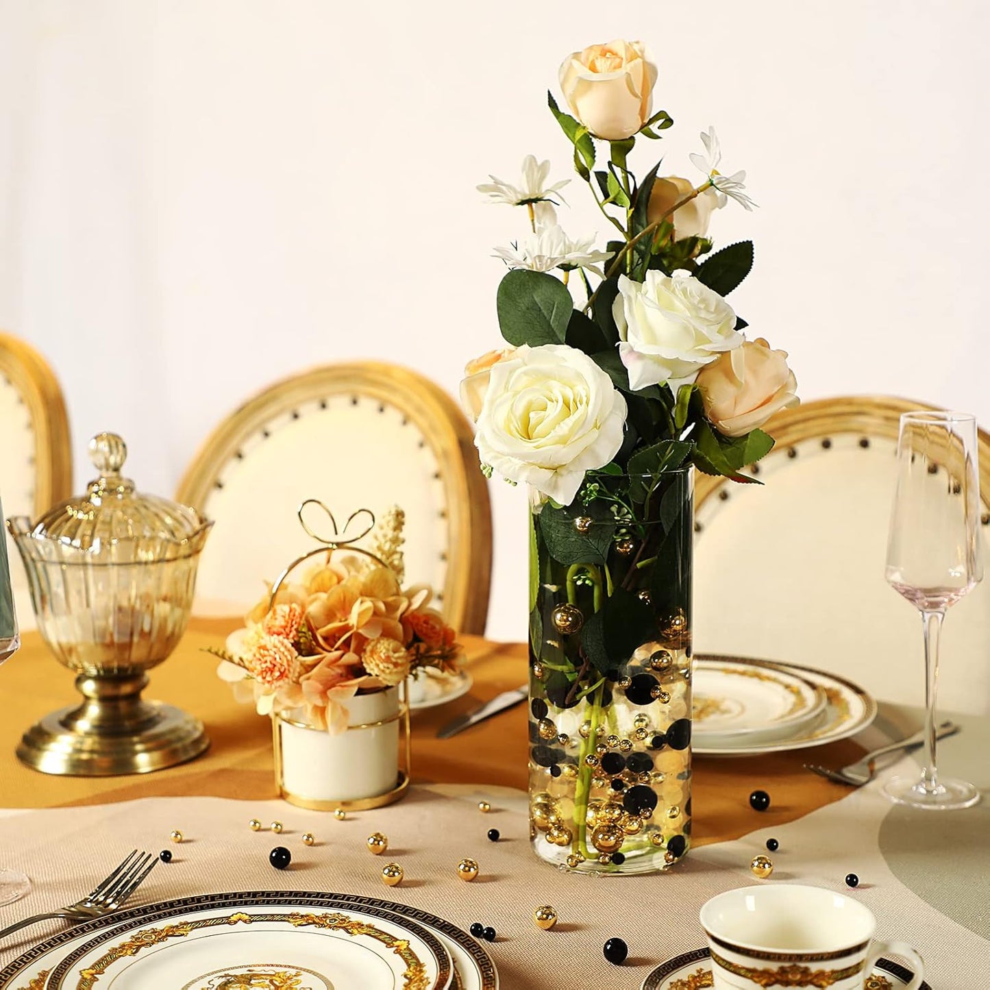 150 Pieces Vase Filler Faux Pearls Vase Makeup Beads No Hole Gloss Bead Mixed Sizes Round Pearl for Home Party Wedding Decor, 8/14/20 mm(Gold, Black)