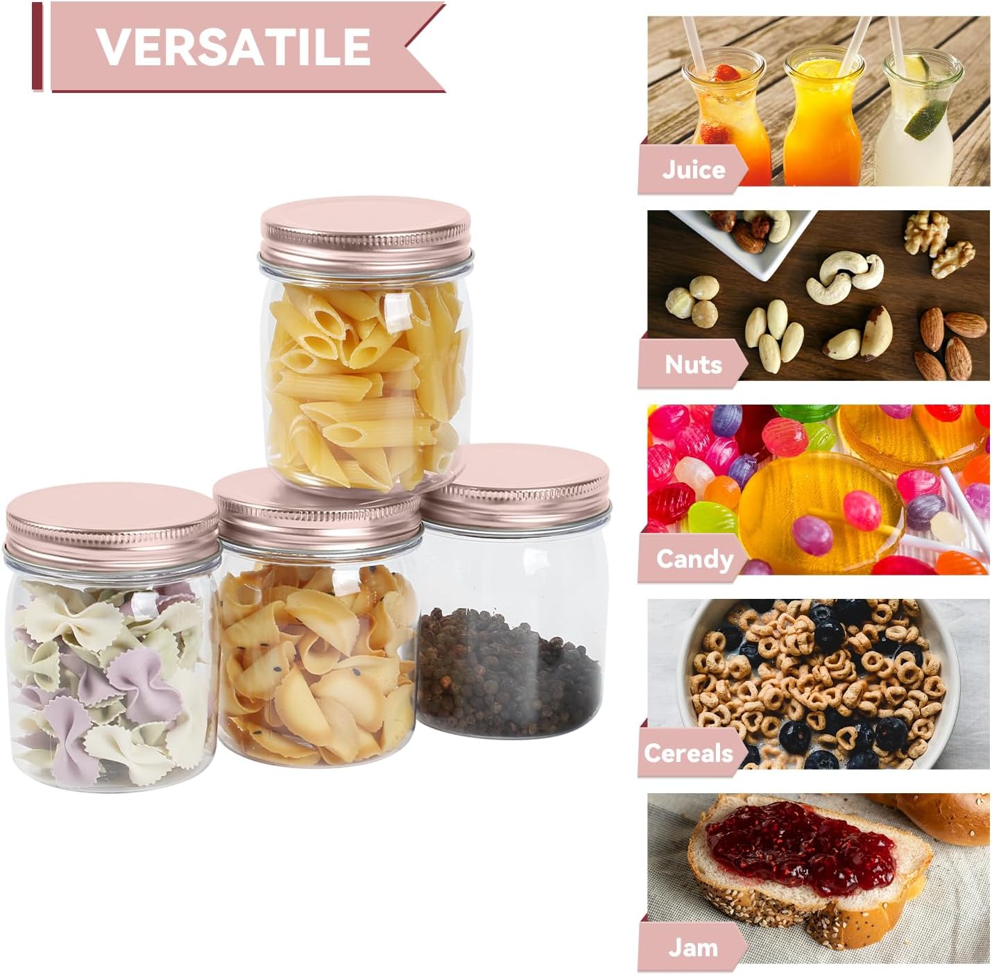 novelinks 8 oz Clear Plastic Jars with Screw-On Lids - BPA-Free Refillable Storage Containers for Slime, Spices, Crafts, Kitchen & Home Organization (32 Pack,Rose Gold)