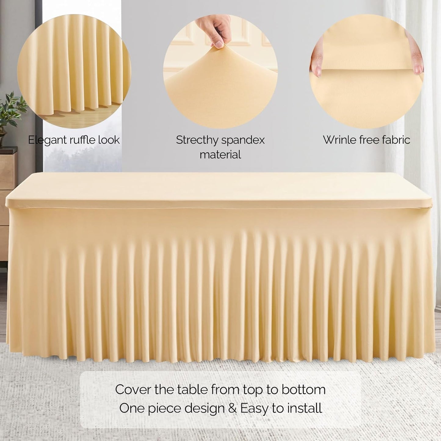 Wish Care 2 Pack Champagne Spandex Table Clothes for 4 Foot Rectangle Tables, 4FT Wrinkle Free Fitted Tablecloths Ruffles Design Table Cover for Party, Banquet, Wedding and Events