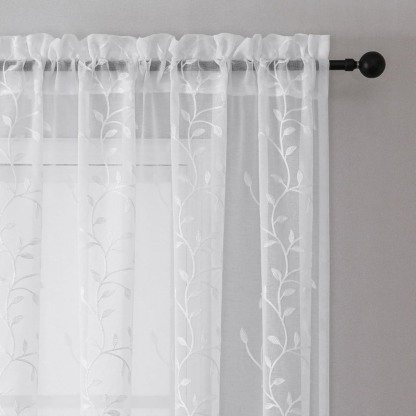 VISIONTEX White Sheer Voile Curtains, Decorative Leaves Embroidery Faux Linen Rod Pocket Window Drapes for Home Kitchen, Living Room and Bedroom 54 x 72 Inch, Set of 2 Curtain Panels