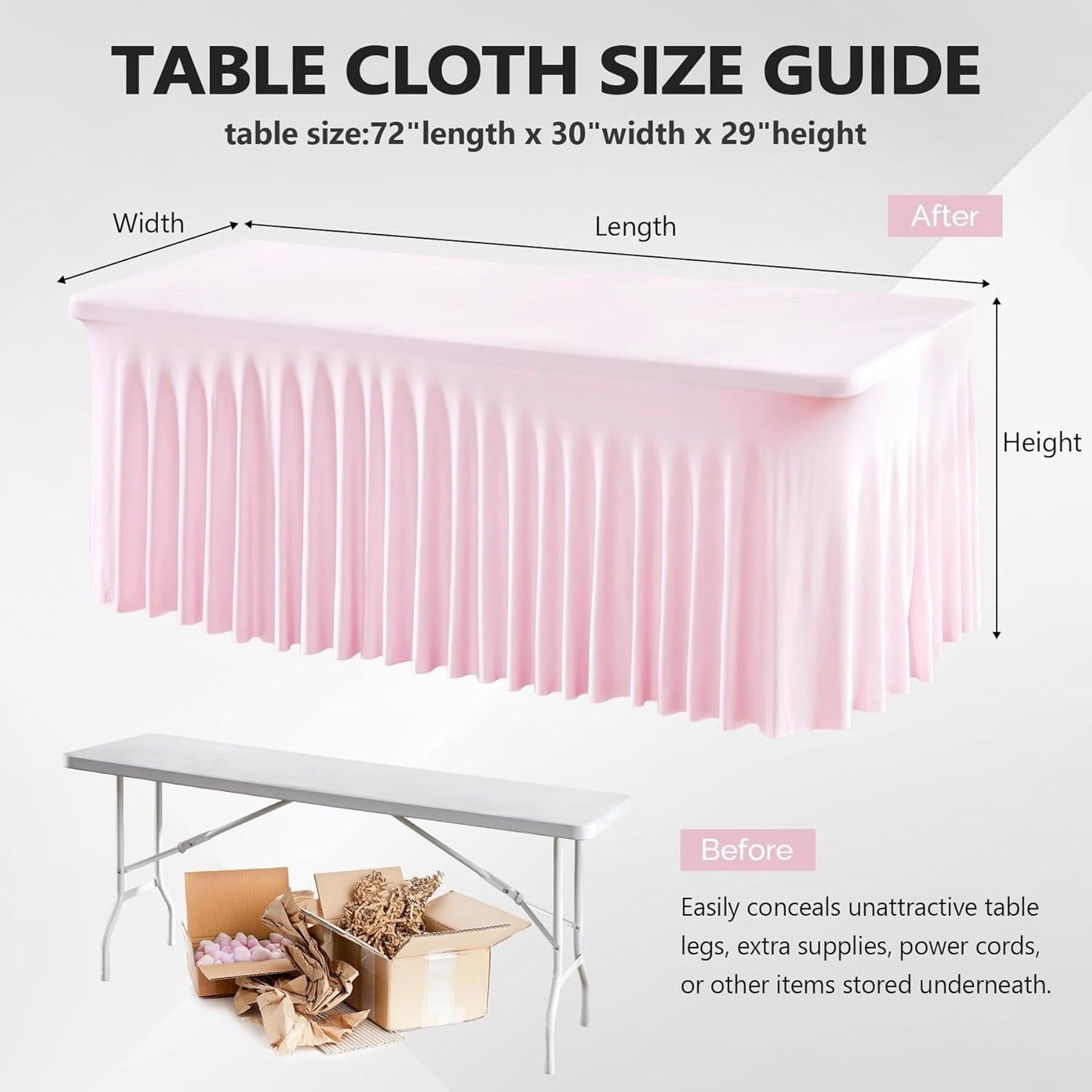 Wish Care 2 Pack Pink Spandex Table Clothes for 6 Foot Rectangle Tables, 6FT Wrinkle Free Fitted Tablecloths Ruffles Design Table Cover for Party, Banquet, Wedding and Events