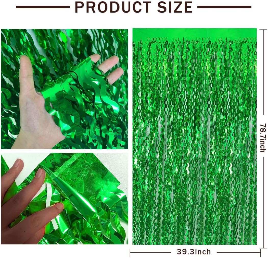 Green Foil Fringe Tinsel Curtain Backdrop, 10pcs Green Streamers Party Decorations for Birthday, Dinosaur Parties, Football Party, Jungle Theme, Easter,St Patricks Day, Door Hanging Decor