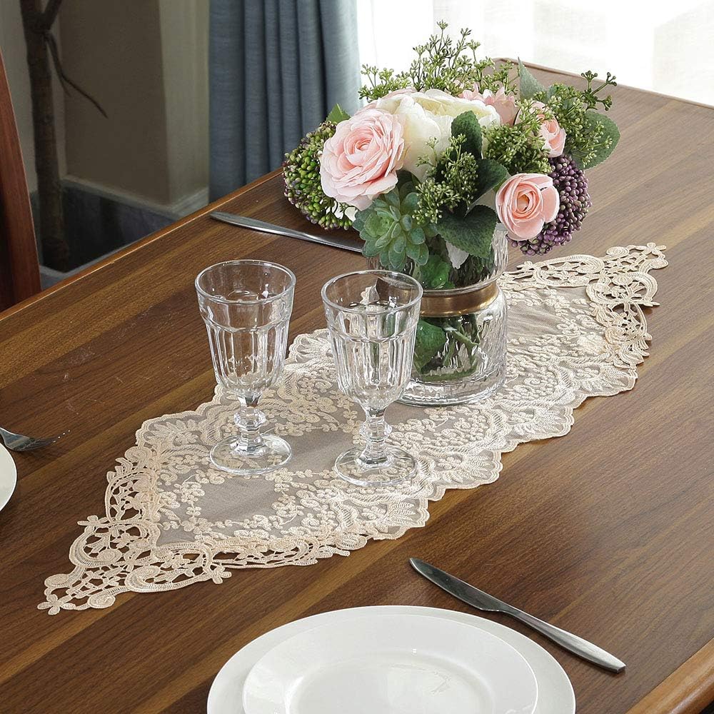 ARTABLE Rectangle Table Runner Lace Macrame Embroidered Table Runners with Exquisite Vintage Shabby Chic for Holiday Wedding Long Dinner Tables (Light Gold, 12 x 36 Inch)