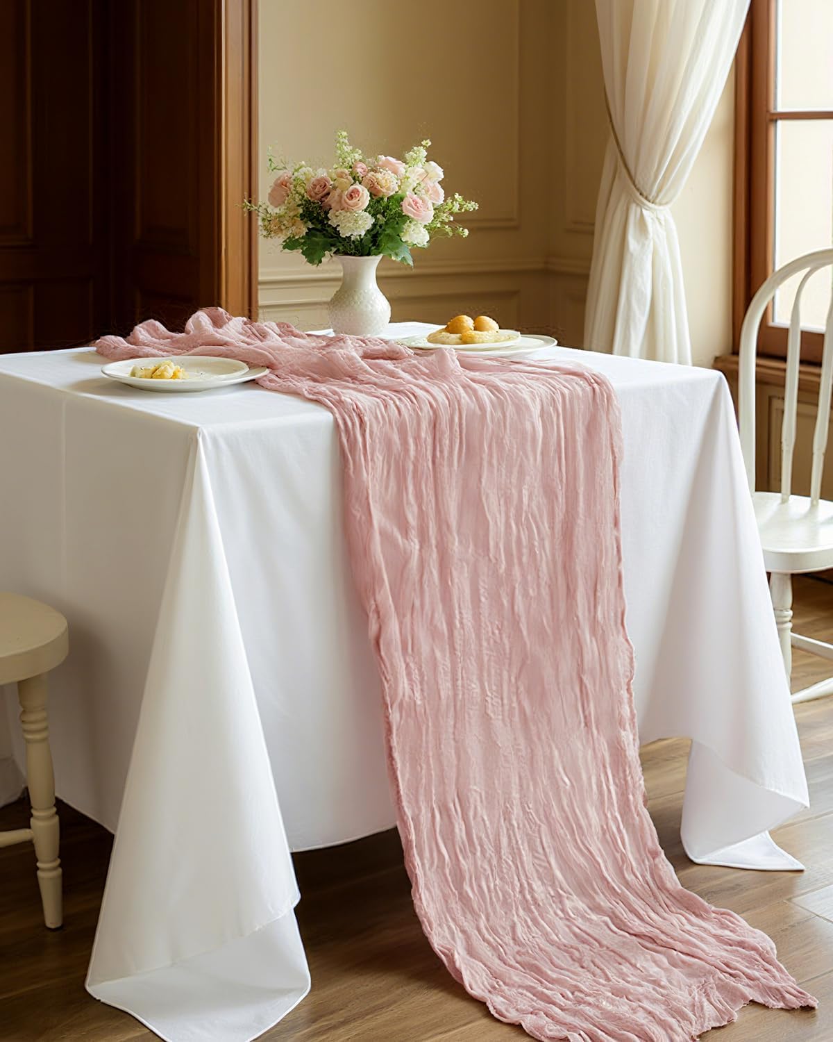 Pink Cheesecloth Table Runner 120 Inch, Dusty Pink Boho Rustic Gauze 10 FT, Summer Cheese Cloth Runner for Wedding, Baby Shower, Party, Farmhouse Centerpiece Home Decorations