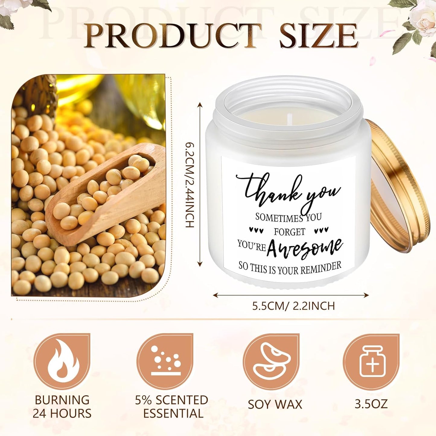 MTLEE 20 Pcs Thank You Gifts Candles 3.5 oz Employee Appreciation Inspirational Scented Soy Wax Candle Thank You Gift Christmas Gifts for Coworker Women Volunteer Teacher(Grateful,White)