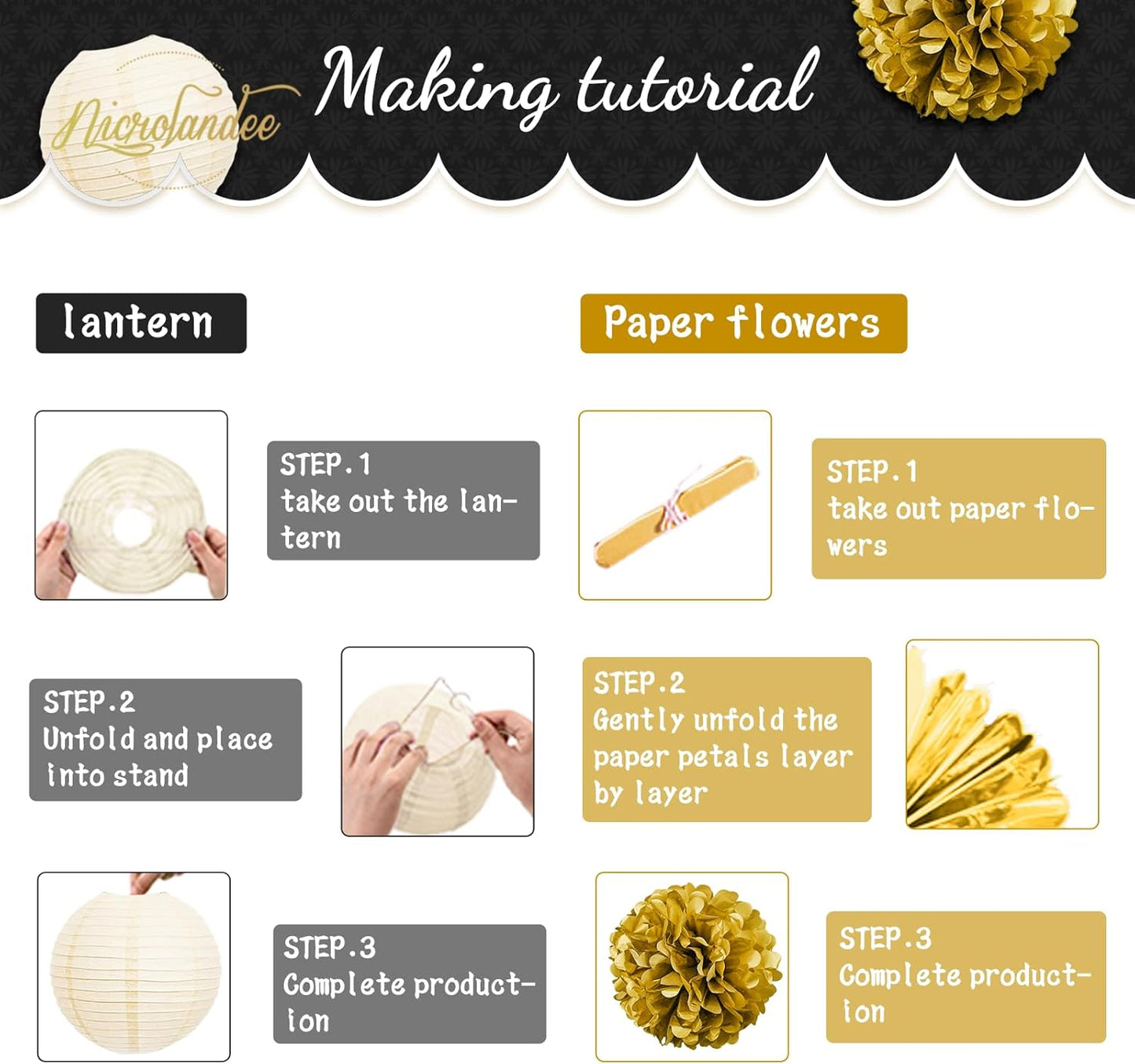 NICROLANDEE Black Gold Party Decorations,12PCS Paper Lantern Tissue Pom Poms Black and Gold Hanging Backdrop Decor for 2025 Graduation New Year Birthday Christmas Party Supplies