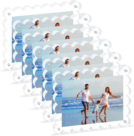 6Pack Acrylic Magnetic Photo Frame 5x7 Inch - Sleek Scalloped Design, 10+10mm Thick Crystal Clear Block, Freestanding Double-Sided Magnet |Trendy Home Gift (6 Pack, 5X7)