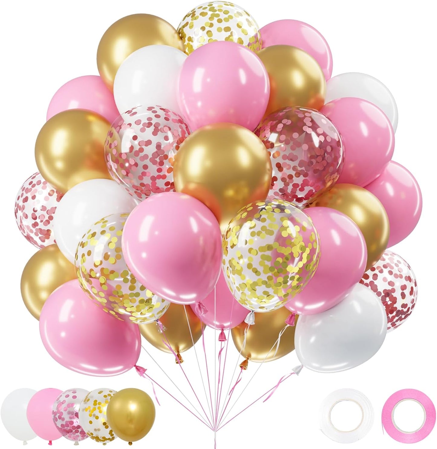 Netnology Pink Gold Confetti Balloons Set, 60Pcs 12 Inch Pink White Metallic Gold and Pink Gold Confetti Latex Balloon for Girls Birthday Baby Shower Bridal Shower Wedding Princess Party Decorations