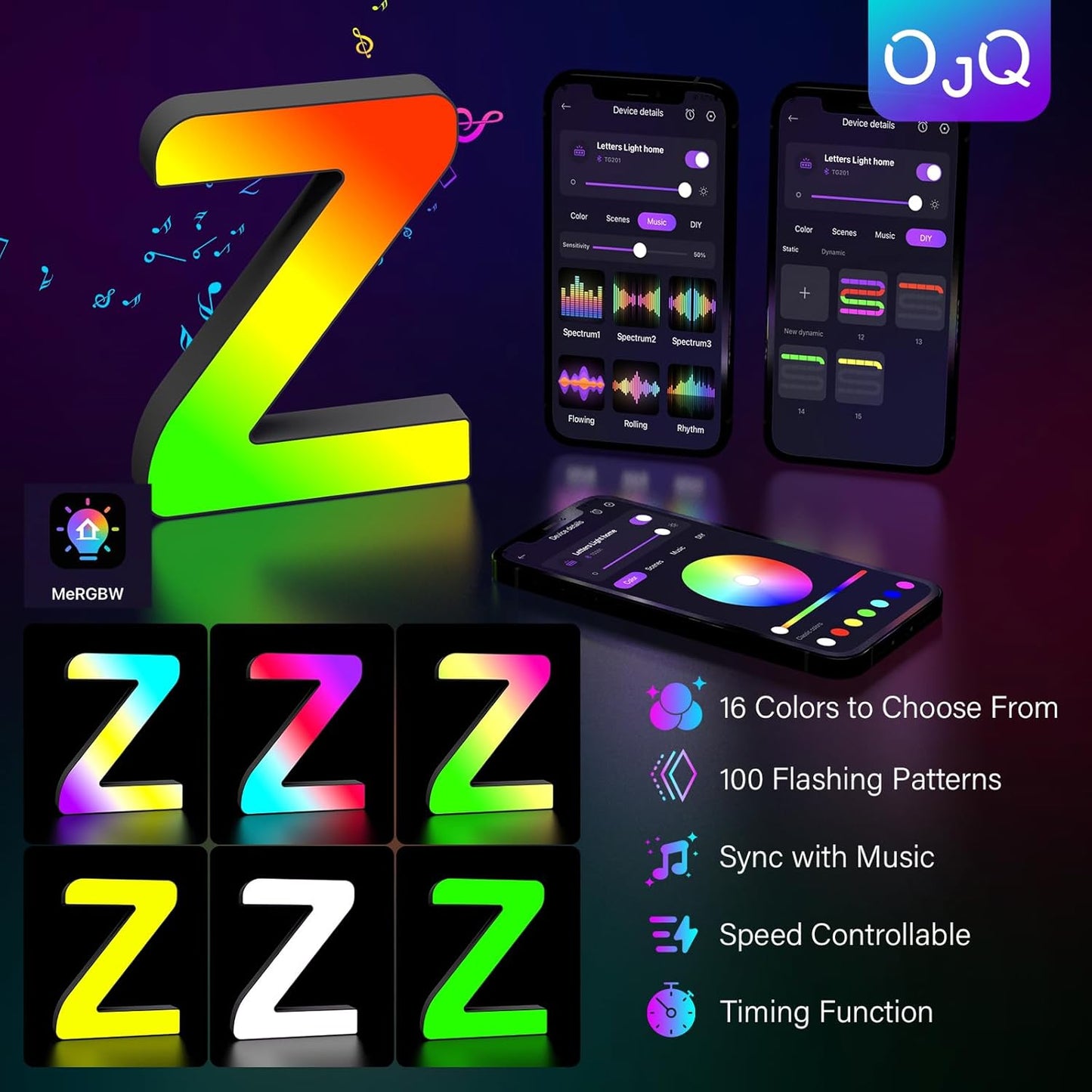 OJQ Light Up Letters LED Letter - Marquee Letters Room Decor Alphabet Letter Music Sync Color Change Colorful - Christmas Birthday Gifts for Girl - Teen Girls Gifts Party Home Wall Decor