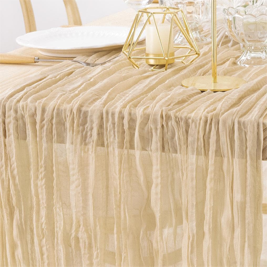 MLMW Champagne Gold Table Runner Cheesecloth Boho Gauze Rustic Cheese Cloth 160 inch Sheer Wedding Table Runner 13.3ft for Thanksgiving Party Baby Bridal Shower Birthday