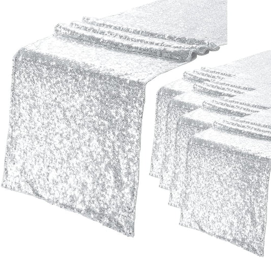 Eternal Beauty Silver Table Runner for Wedding, 5PCS-12x72 Sequin Table Runner Decorations for Birthday Parties, Banquets, Graduations,Christmas