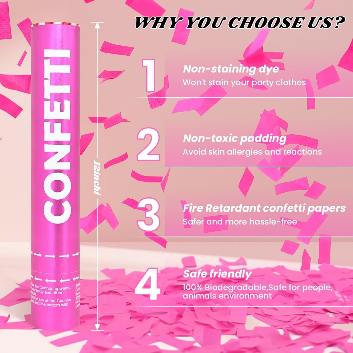 Confetti Cannon Pink Biodegradable Confetti Poppers 12Pack Party Poppers Confetti Shooters Pink Sticks for Wedding Graduation Engagement Anniversary Bridal Shower Valentines Day Birthday