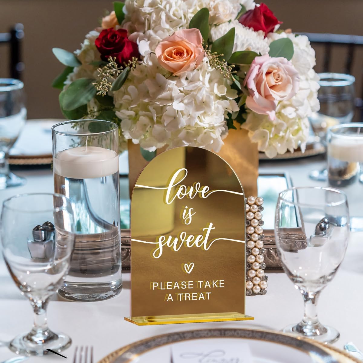 Acrylic Wedding Sign, Bridal Shower Decorations, Love is Sweet Sign for Ceremony, Modern Font Table Signs, Gold Mirror Arched Acrylic Tabletop Signs for Wedding Reception and Event Party