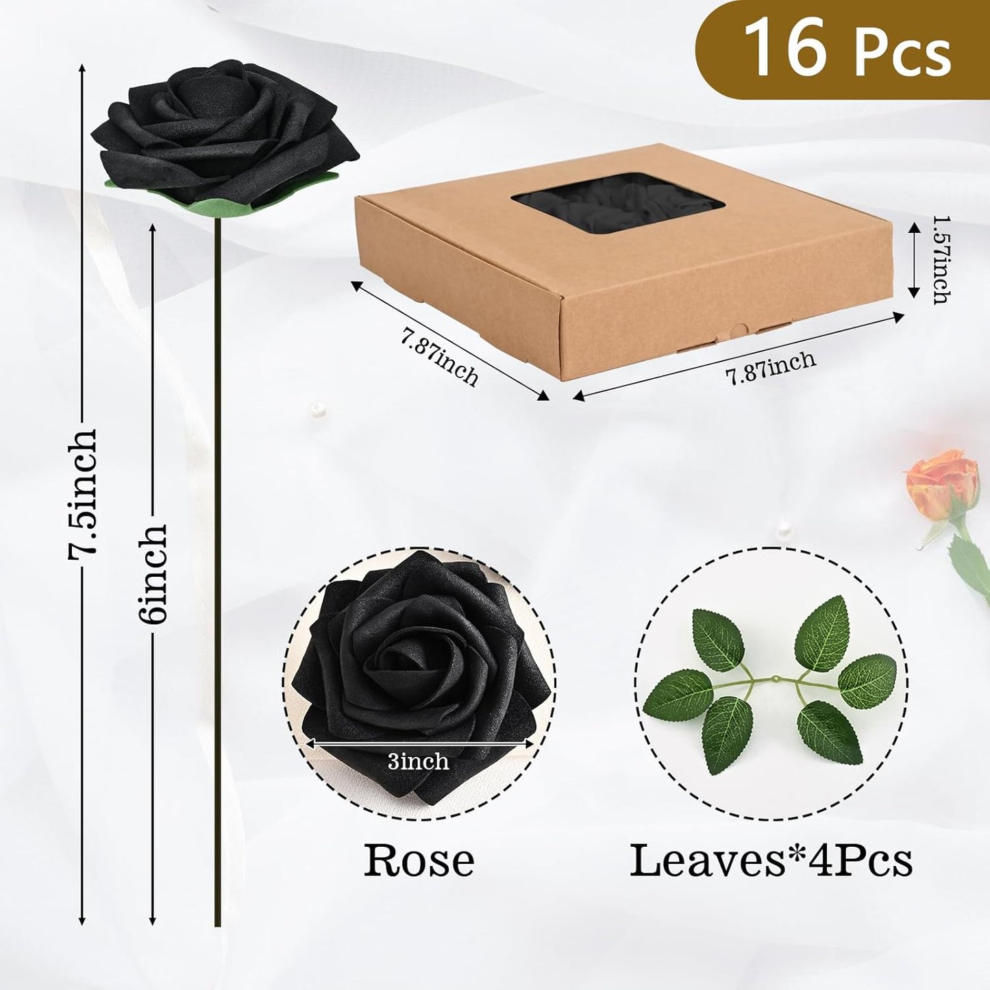 BLEUM CADE 16Pcs Artificial Flowers Fake Roses with Stems, Black Boxed Foam Roses for DIY Bouquets Centerpieces Wedding Party Arrangement Bridal Shower Decor