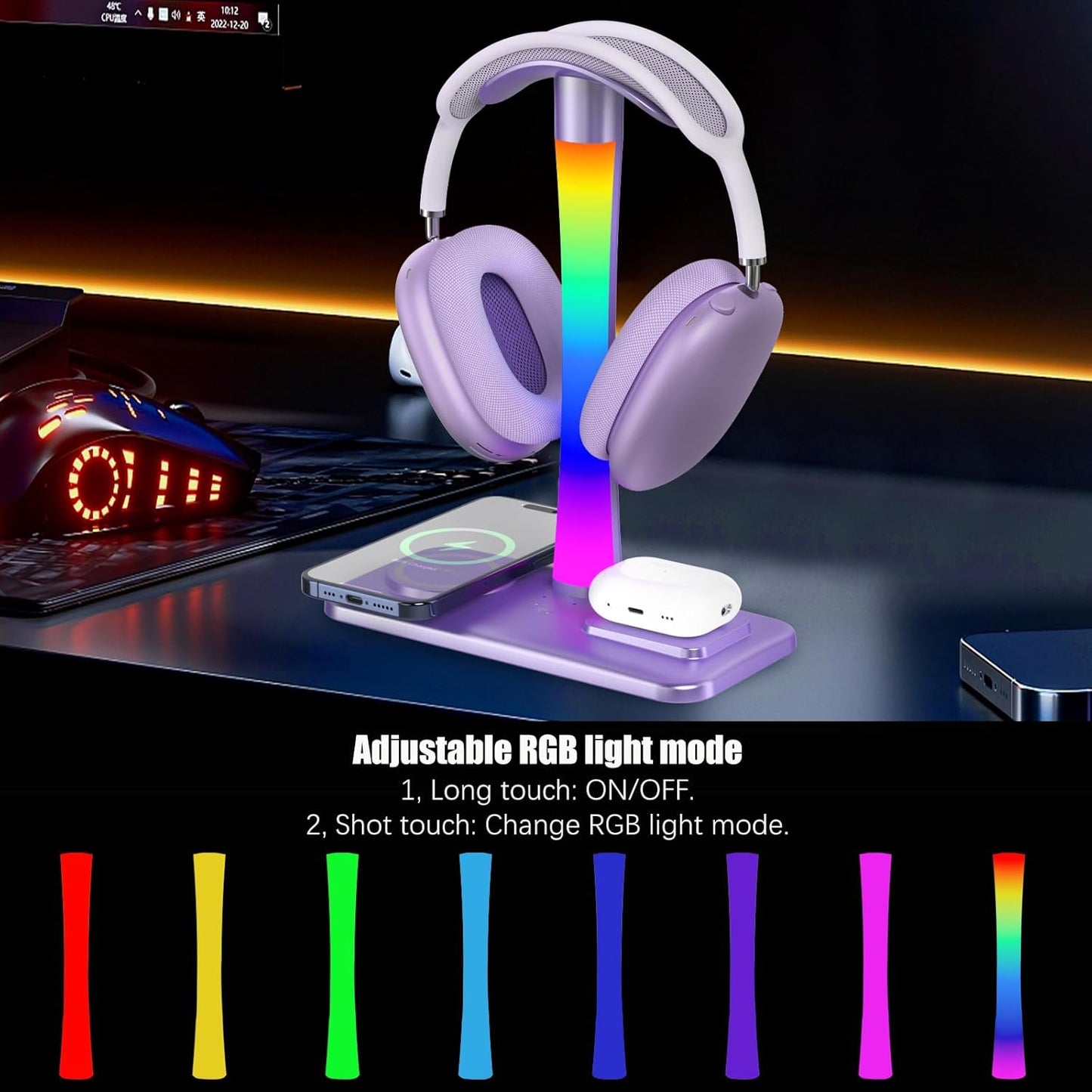 Headphone Stand with Wireless Charger,Gaming Headset Stand with RGB Light Mode,Airpod Max Stander Compatible with Airpod Pro/3/2,iPhone 16/15/14/13/12/11,Gifts for Gamers & Music Lover (Purple)