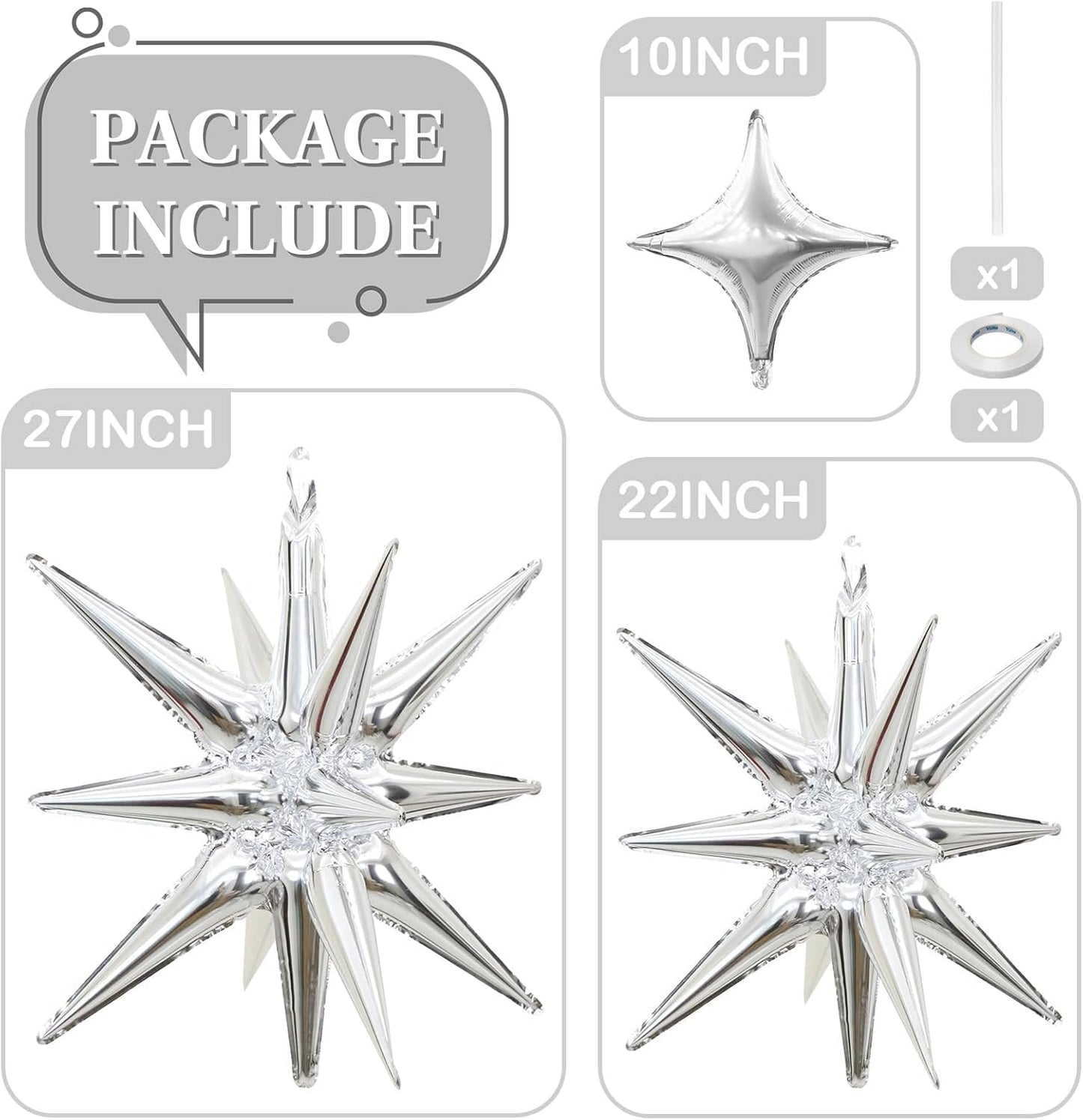 Silver Star Balloons 12pcs, 27/22 Inch Foil Star Explosion Balloons, Large Spike Mylar Cone Balloon, Fireworks Shape Balloon for Bachelorette Anniversary New Year Graduation Birthday