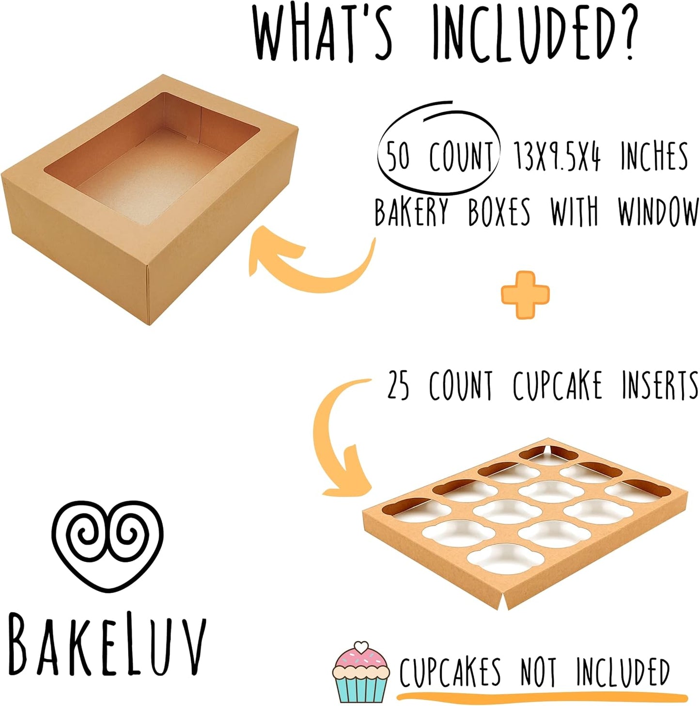 BAKELUV Brown 12 Cupcake Boxes, Cupcake Containers | 13x9.5x4, 50 Pack
