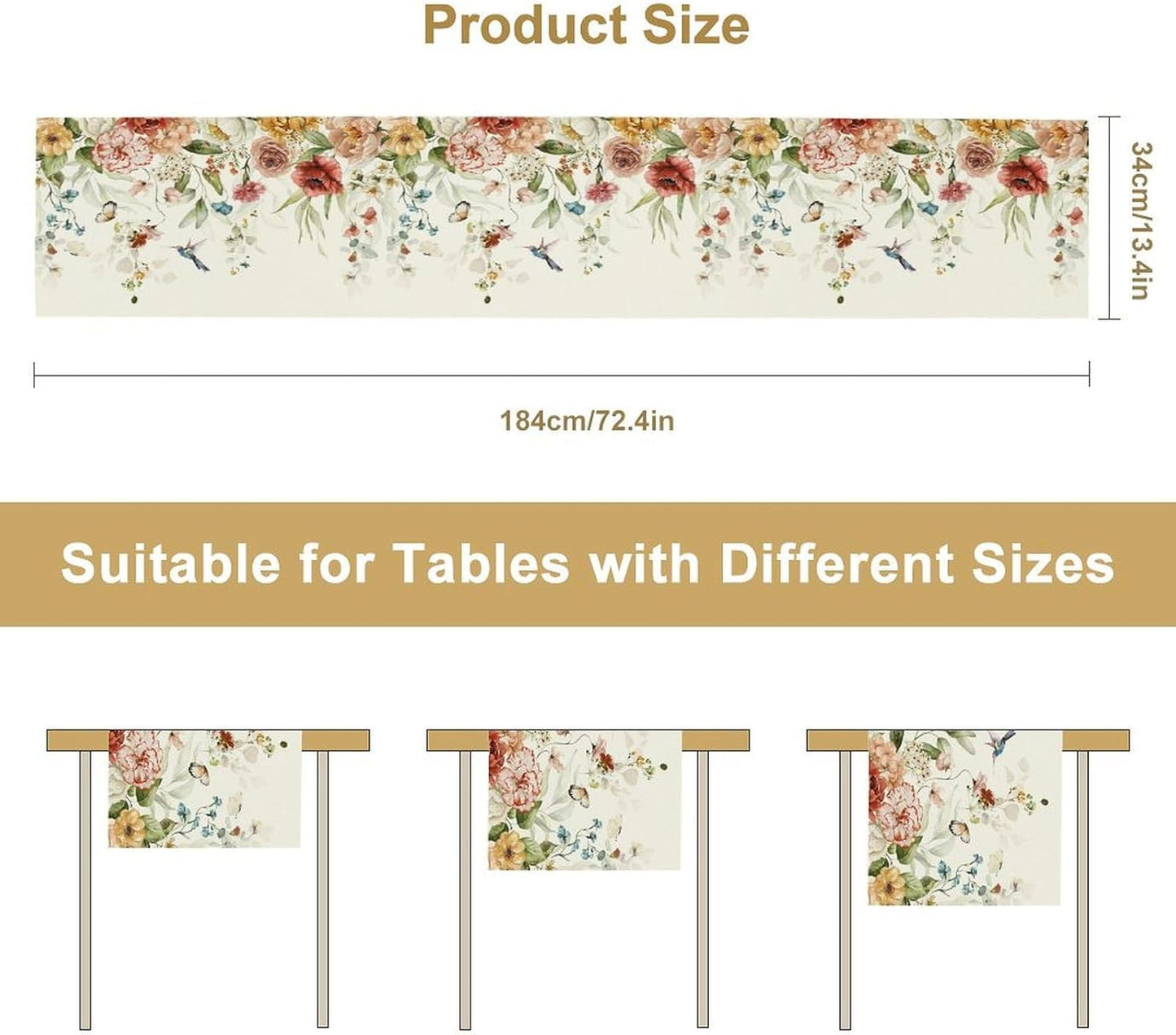 Rustic Floral Table Runner, Watercolor Flower Leaves Hummingbird Butterfly Farmhouse Kitchen Dinning Table Runner for Indoor Outdoor Home Wedding Party Holiday, 13x36 Inch