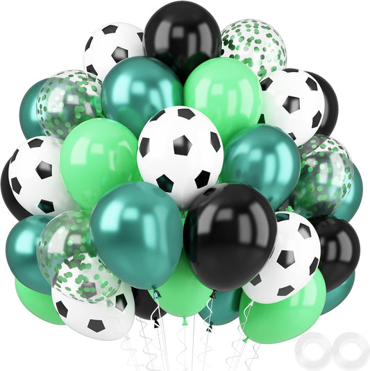 Metallic Chrome Soccer Balloons - 52 PCS 12 Inch Dark Green, Light Green, Black with Soccer Print, Confetti for Sports Theme Party Decorations