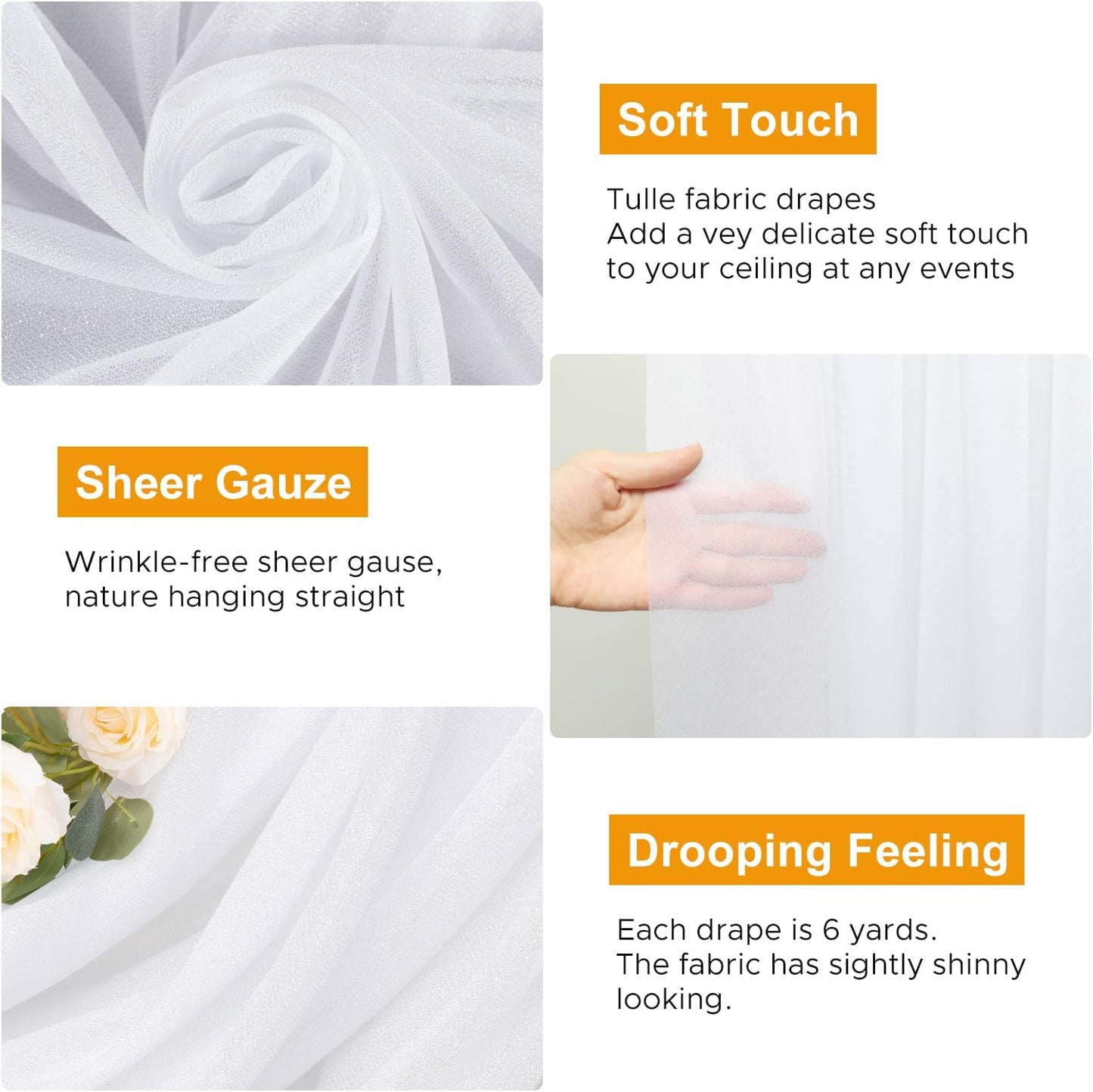 Wedding Arch Draping Fabric 3 Panels 28.7" x 20FT White Sheer Chiffon Backdrop Drapes for Wedding Ceremony Birthday Party Bridal Shower Outdoor Decoration