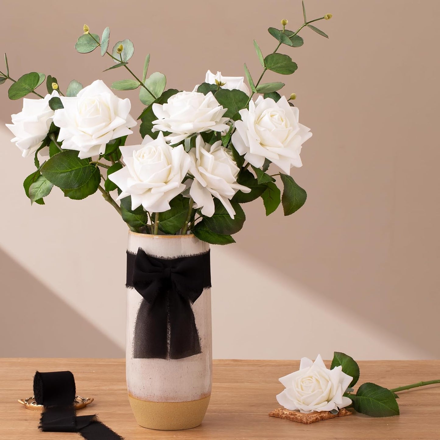 DORIS HOME 2" x21Yd Chiffon Ribbon for Flower Bouquet, Black & White Fabric Ribbon for Gift Wrapping, Handmade Frayed Ribbon for Wedding Christmas Decorations