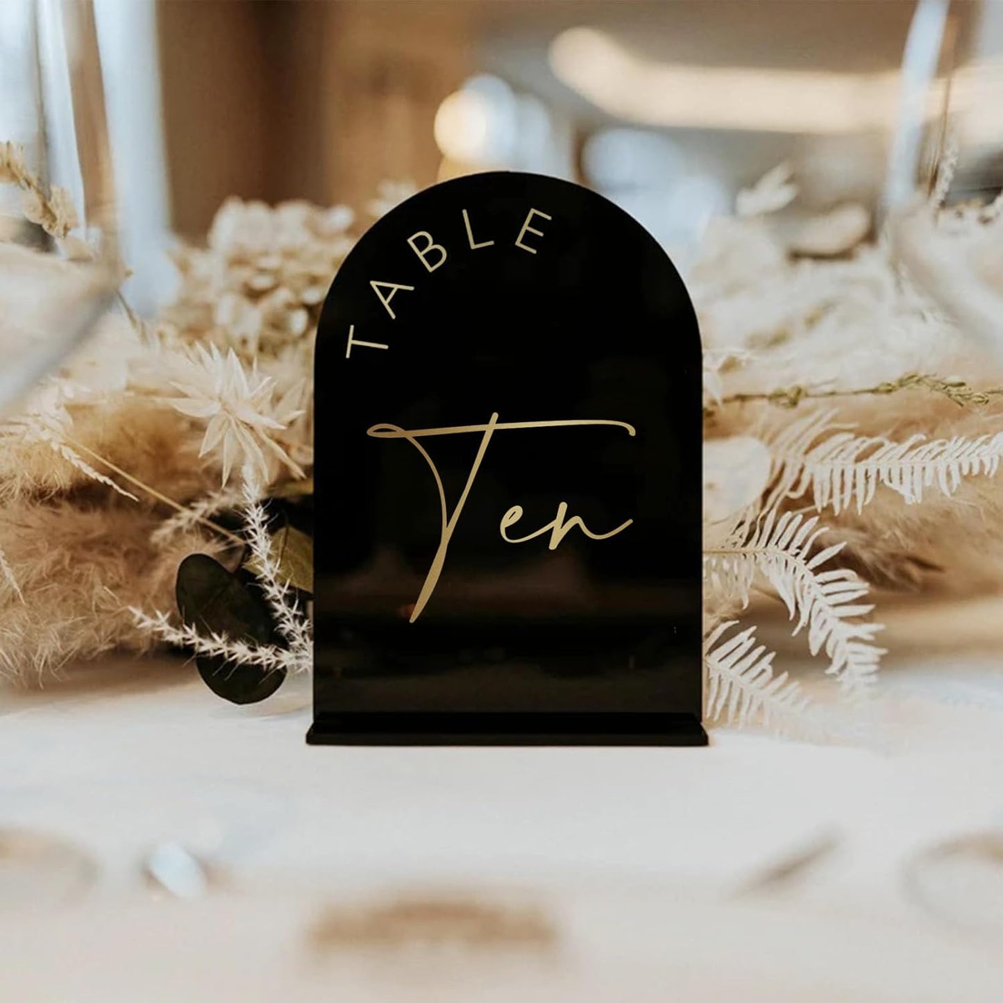 Black Arch Wedding Table Numbers 1-25 with Stands, 5x7 Inch Arch Acrylic Sign Black and Gold Lettering, Arch Acrylic Table Numbers for Wedding Reception