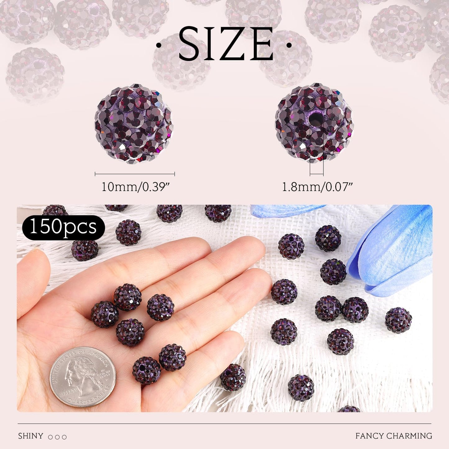 150pcs 10mm Rhinestone Beads for Jewelry Making, Dark Purple Shiny Round Shamballa Disco Beads Bulk, Sparkle Crystal Clay Christmas for Bracelet Baseball Necklace Earring Crafting and DIY