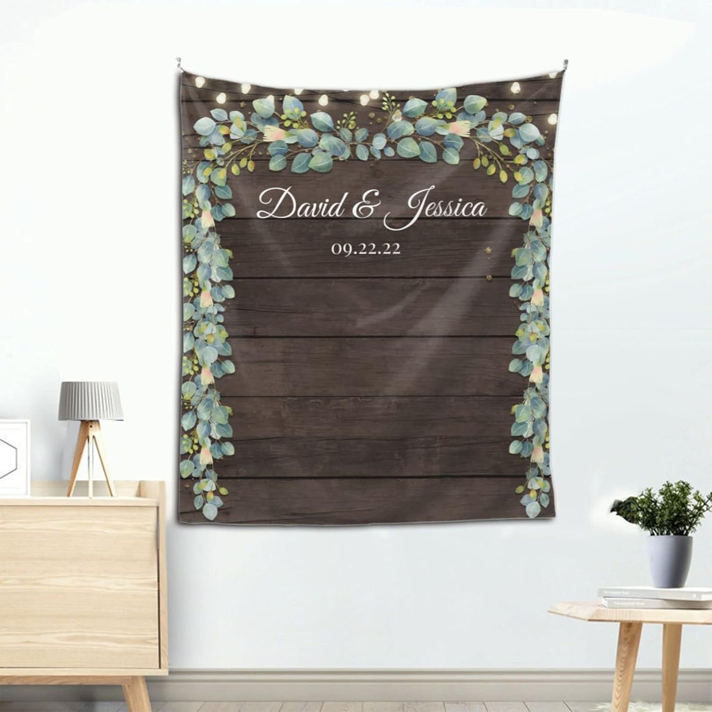 Wedding Backdrop for Reception, Rustic Wood Green Leaf Banner, Custom Tapestry with Names & Date, Personalized Calligraphy Banner Ceremony, Botanical Lights One Size