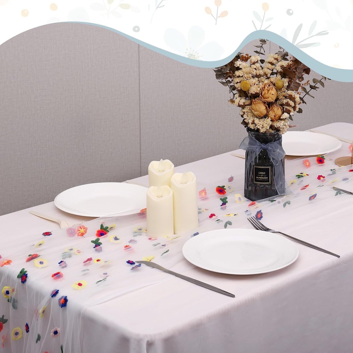 3PCS Lvory Floral Table Runner 10 FT, Embroidery Daisy Table Runners Seasonal Sheer Tulle Table Runner for Thanksgiving Wedding Birthday Baby Shower Party ﻿