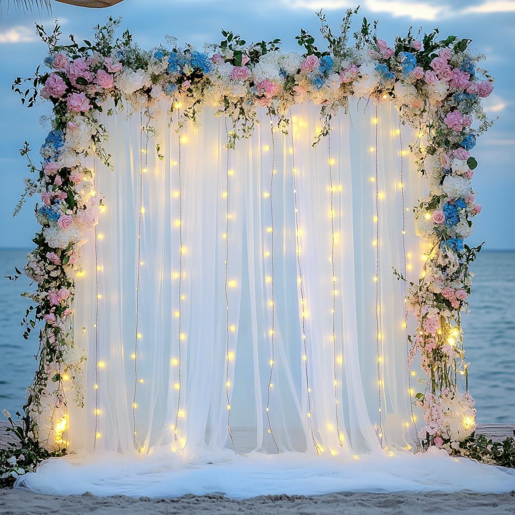 Tulle Backdrop Curtain with Lights String 10FT X 10FT Ivory Sheer Tulle Backdrop Curtains for Wedding Birthday Party Reception Photo Booth Background Decorations (2 Panels 5x10FT)