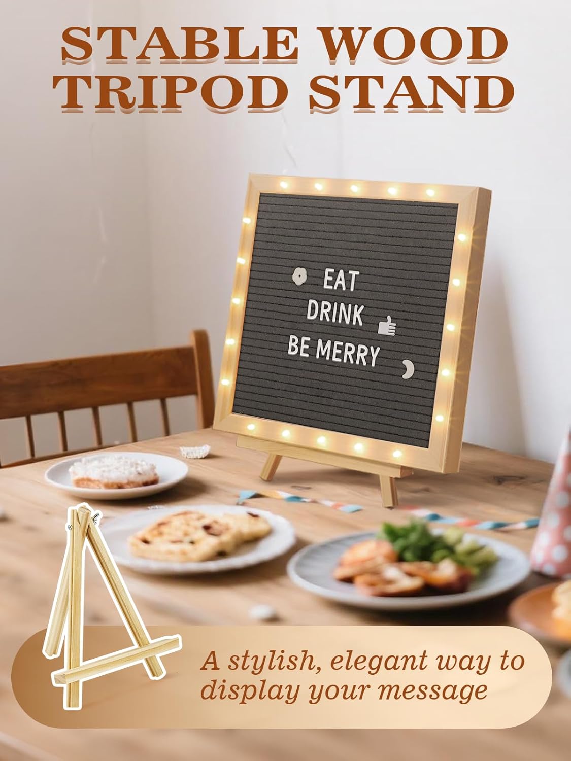 Light up Changeable Felt Letter Board Sign with LED Lights - 10×10" Message Board & Wood Stand & 450 Letters, for Halloween/Birthday/Event/Pregnancy/Baby Announcement/Home Wall Decor Gifts, Grey