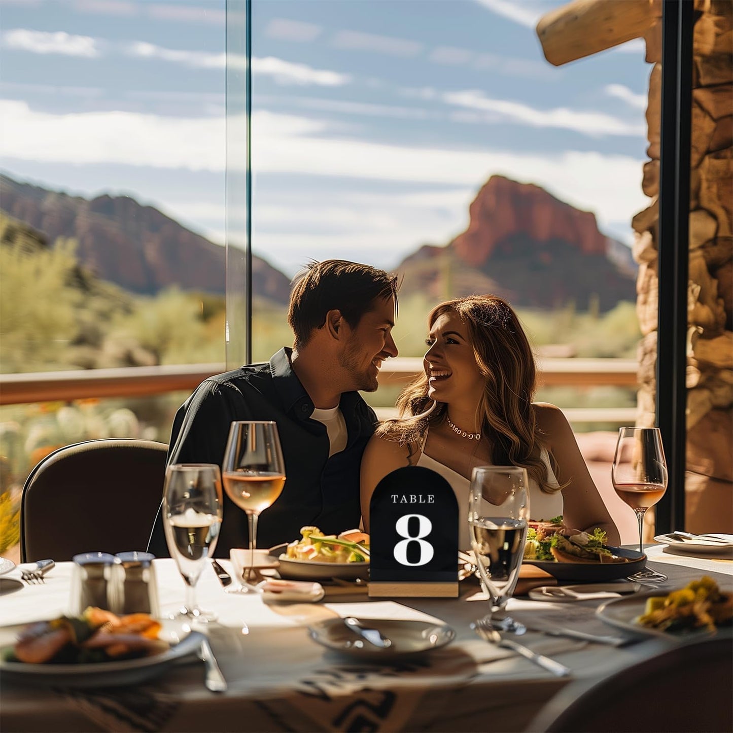 Wedding Table Numbers 1-10, Acrylic Arch Signs with Natural Wood Stands Holders, Rustic Table Decor for Reception & Parties (Black White)