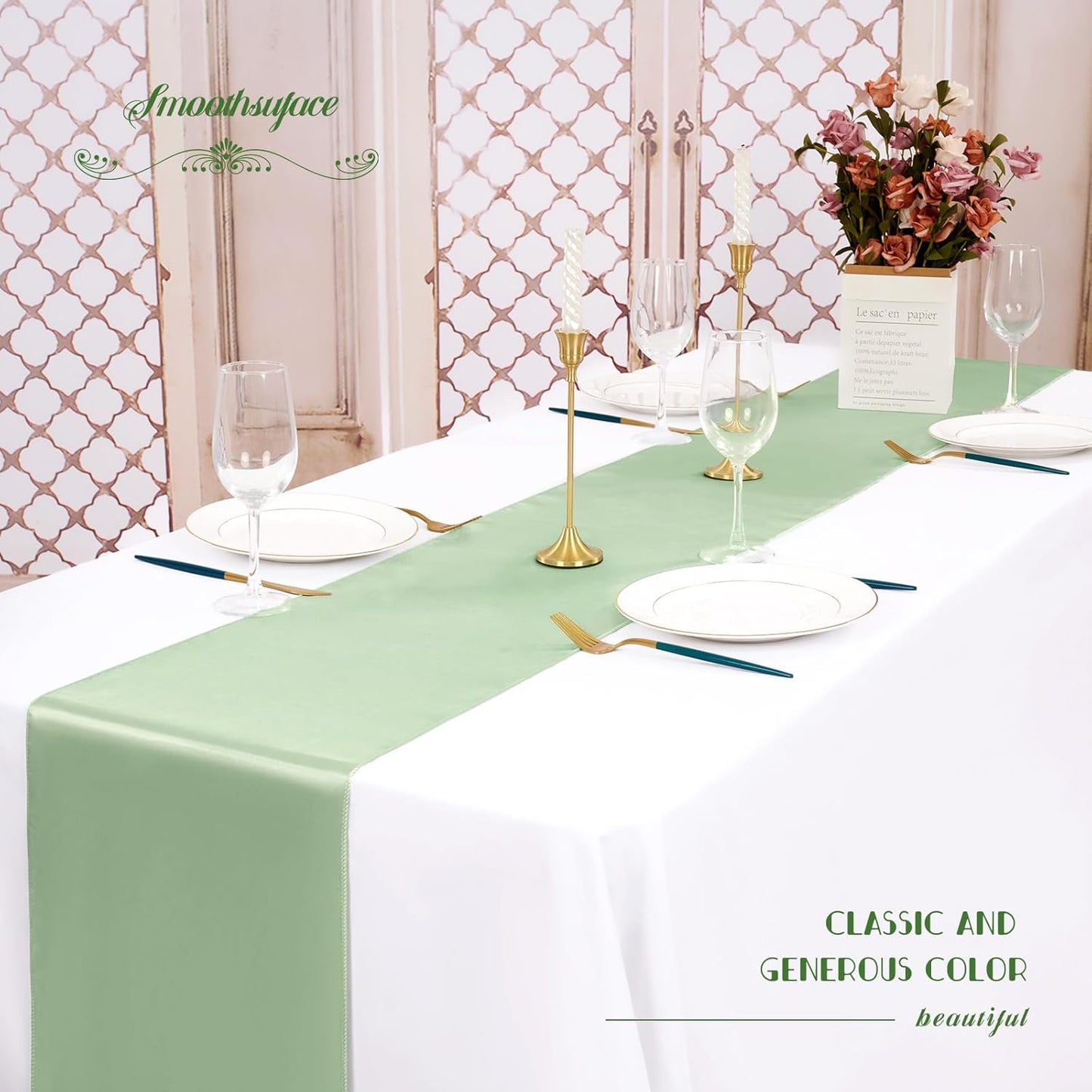 12 Pack Sage Green Satin Table Runner,12 x 108 inch Long Premium Smooth Table Runner for Wedding, Banquets, Birthday, Party, Graduation, Engagements, Table Runners fit Rectangle and Round Table