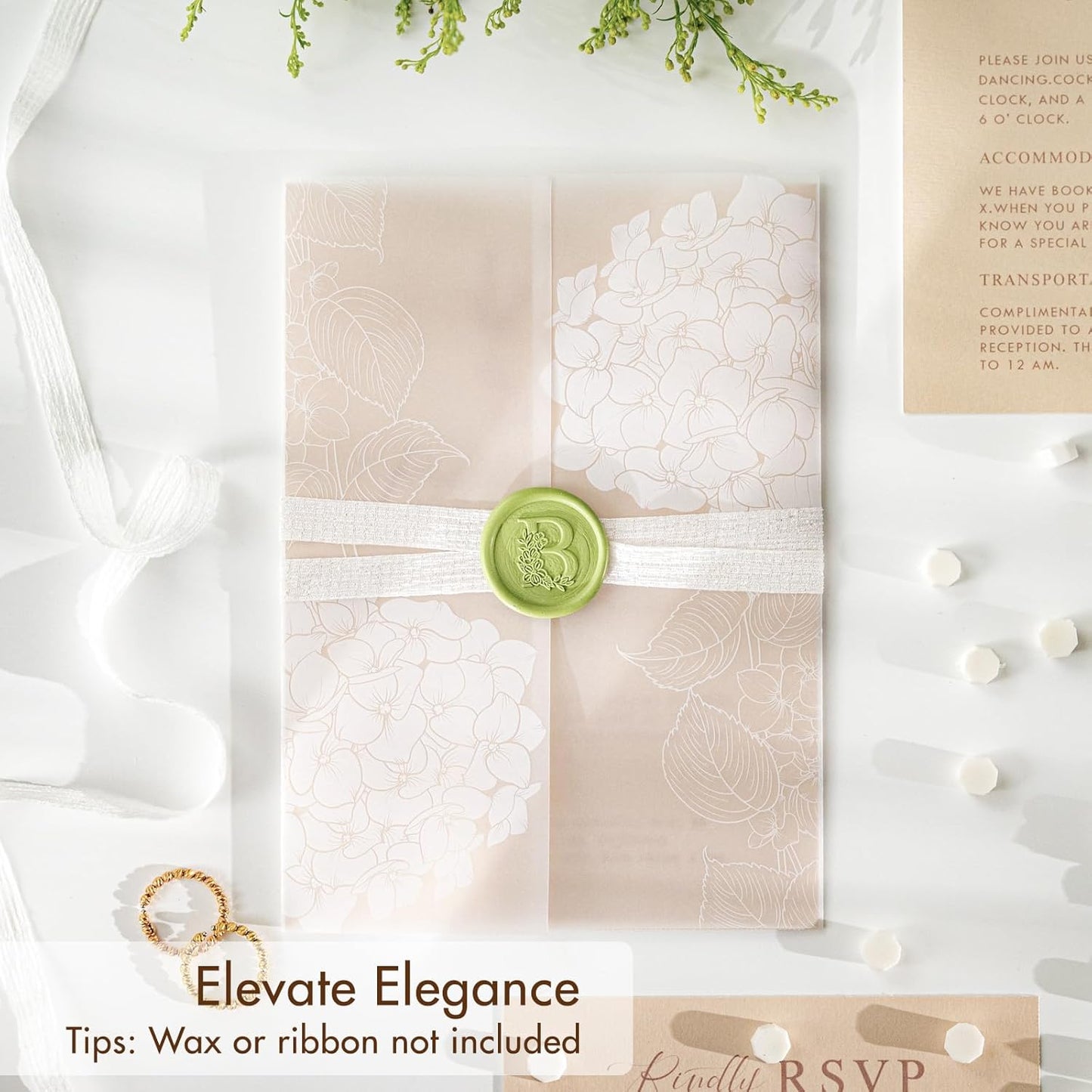 50 Pack Pre-Folded Vellum Jackets for 5x7 Invitations,AZAZA Elegant Translucent Invitation Sleeves,115GSM Vellum Jackets 5x7, Wedding Invitation Accessories, for Weddings Birthdays, Hydrangea Floral