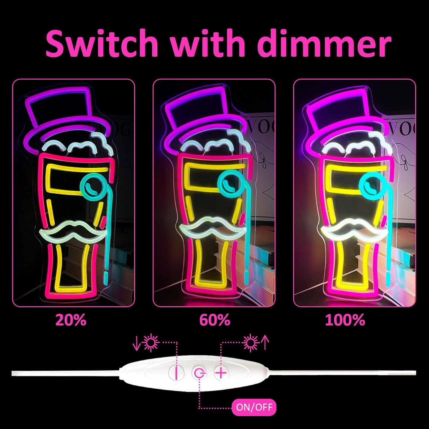 BEER Neon Sign for Wall Decor, Gentleman Neon Bar Signs for Home Bar Pub Party Man Cave Club, Neon Beer Light with Dimmable, Beer Signs Decoration USB Powered with Switch