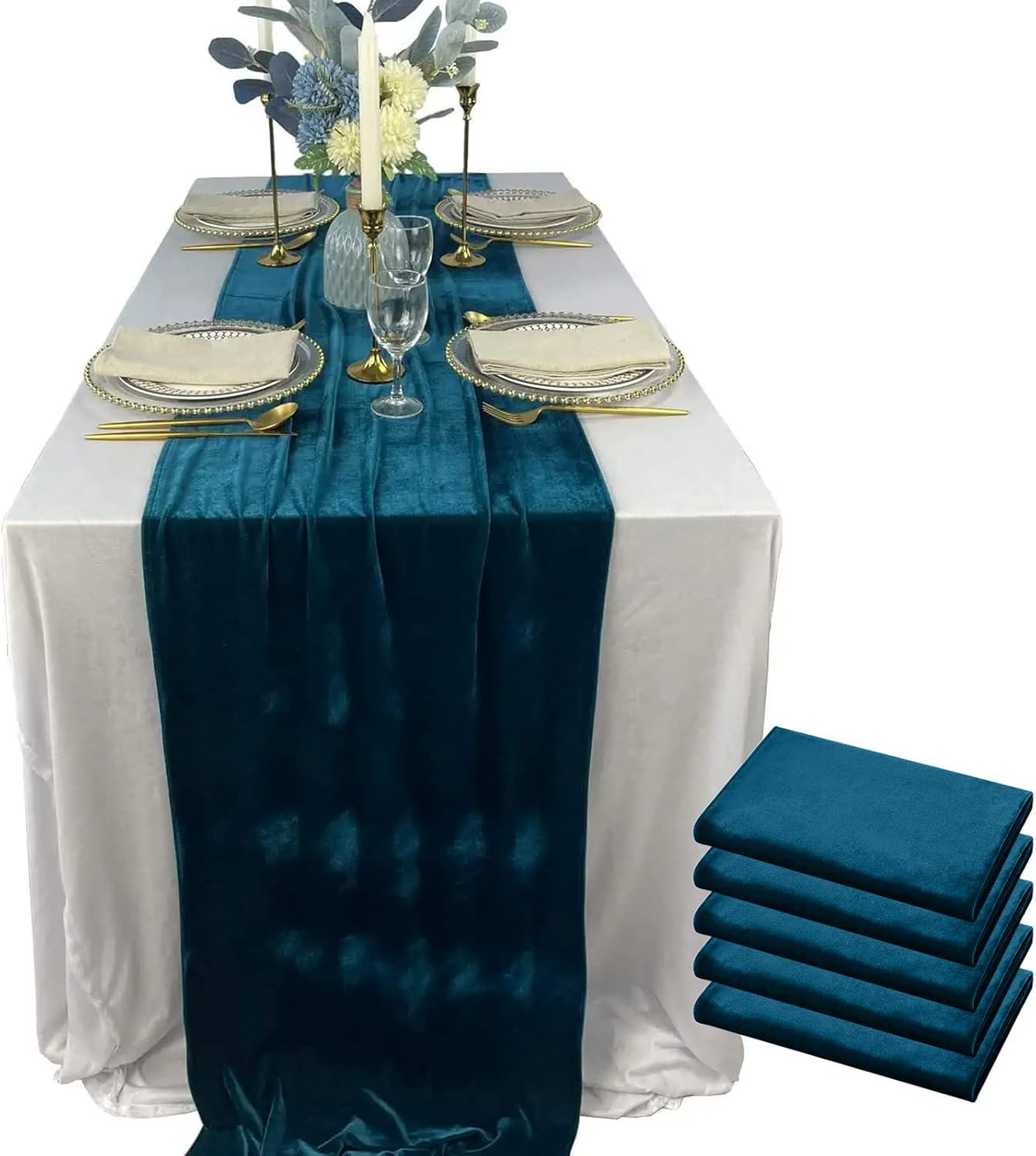 Luxurious Velvet Table Runner, 10ft Wedding Reception Decorations, 20x120inch Soft Velvet Fabric, Table Linen Overlay, Wedding Table Runners (Teal Blue, 20X120inch, 5pack)