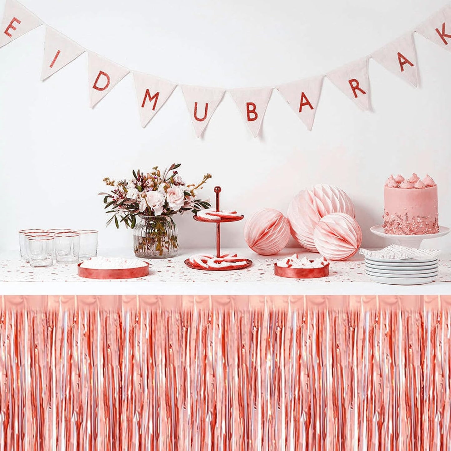 3 Pack 29 x108 Inch Rose Gold Foil Fringe Table Skirts Metallic Banner for Tinsel Streamer Garland Backdrop for Parade Floats Wedding Thanksgiving Birthday Christmas New Year Party Decoration