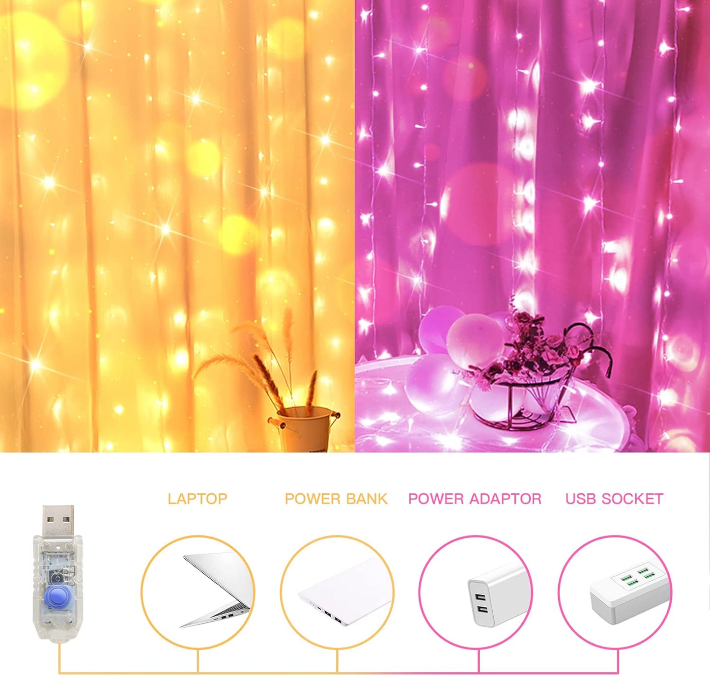 suddus Color Changing Curtain Lights, 200 Led 6.5ft x 6.5ft Hanging String Lights Outdoor, Fairy Curtain Lights for Bedroom, Window, Wall, Wedding, Party, Birthday Decor Warm White & Fuchsia