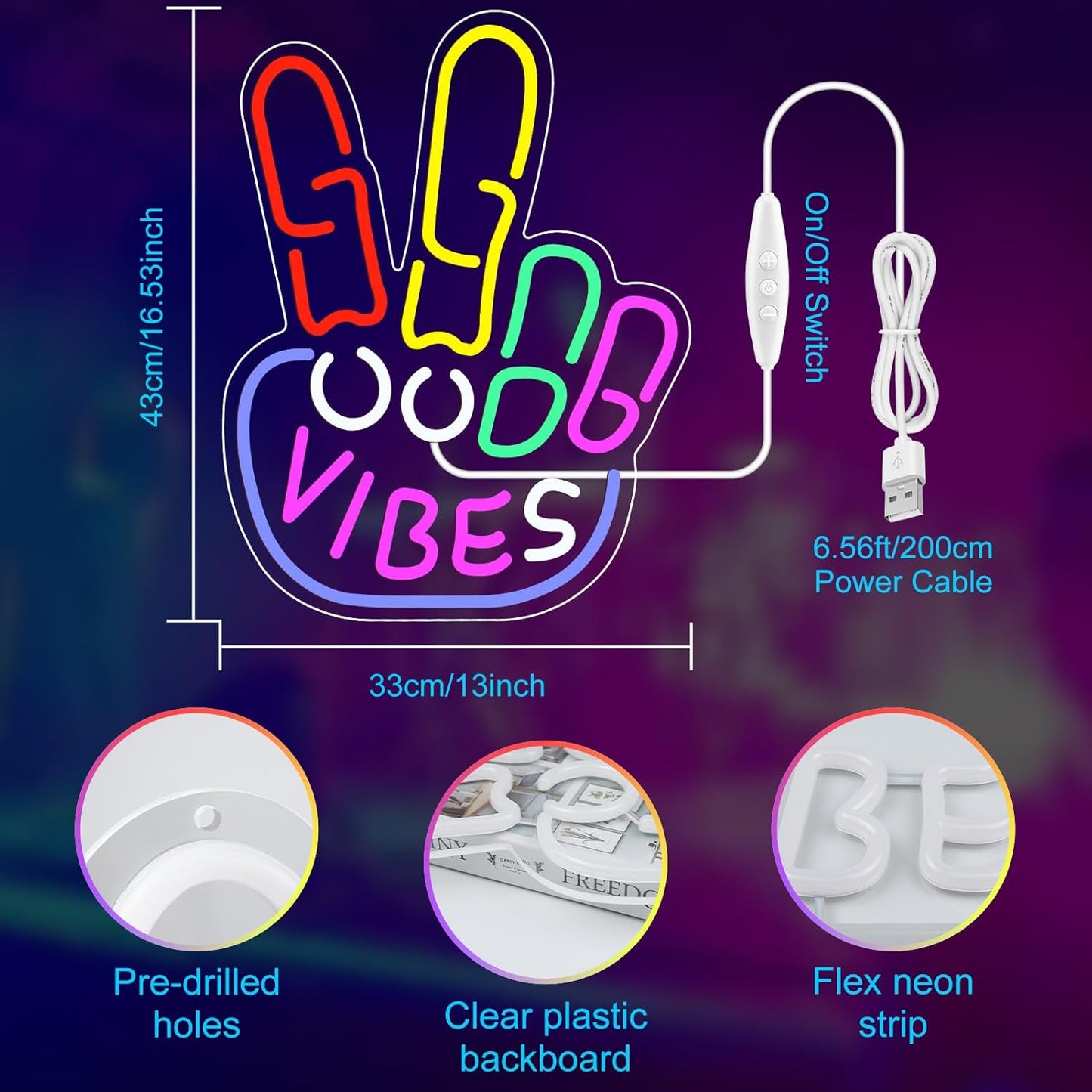 Good Vibes Neon Sign, Yeah Good Vibes Neon Sign for Wall Decor, Dimmable USB-Powered Sign with ON/OFF Switch, Colorful LED Light-Up Sign for Bedroom, Nursery, Club, Bar, and Party Decor