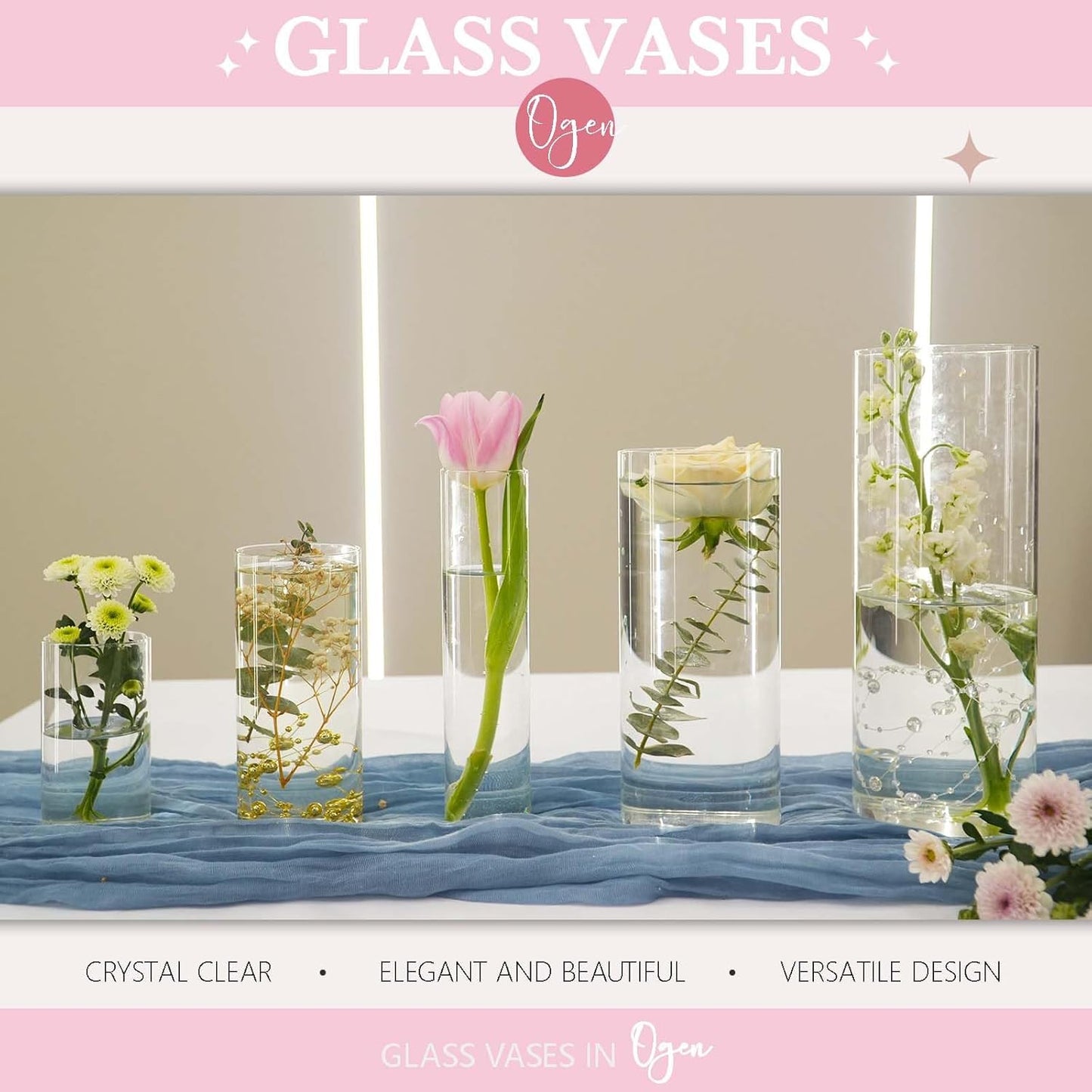 5pcs Glass Vase Cylinder Vases for Centerpieces Small Flower Glass Clear Vases Home Decor Centerpiece Table Flower Vase Decorations for Wedding Decoration＆Holiday Mixed Sizes Tall