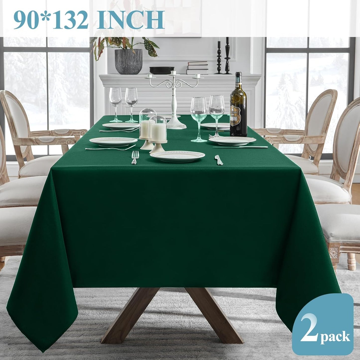 VidaFete 2 Pack 90 * 132inch Rectangle Table Cloth Polyester, Stain Wrinkle Resistant Polyester Dining Table Cover for Kitchen Dinning Party Wedding Rectangular Table Buffet Decoration(Green)