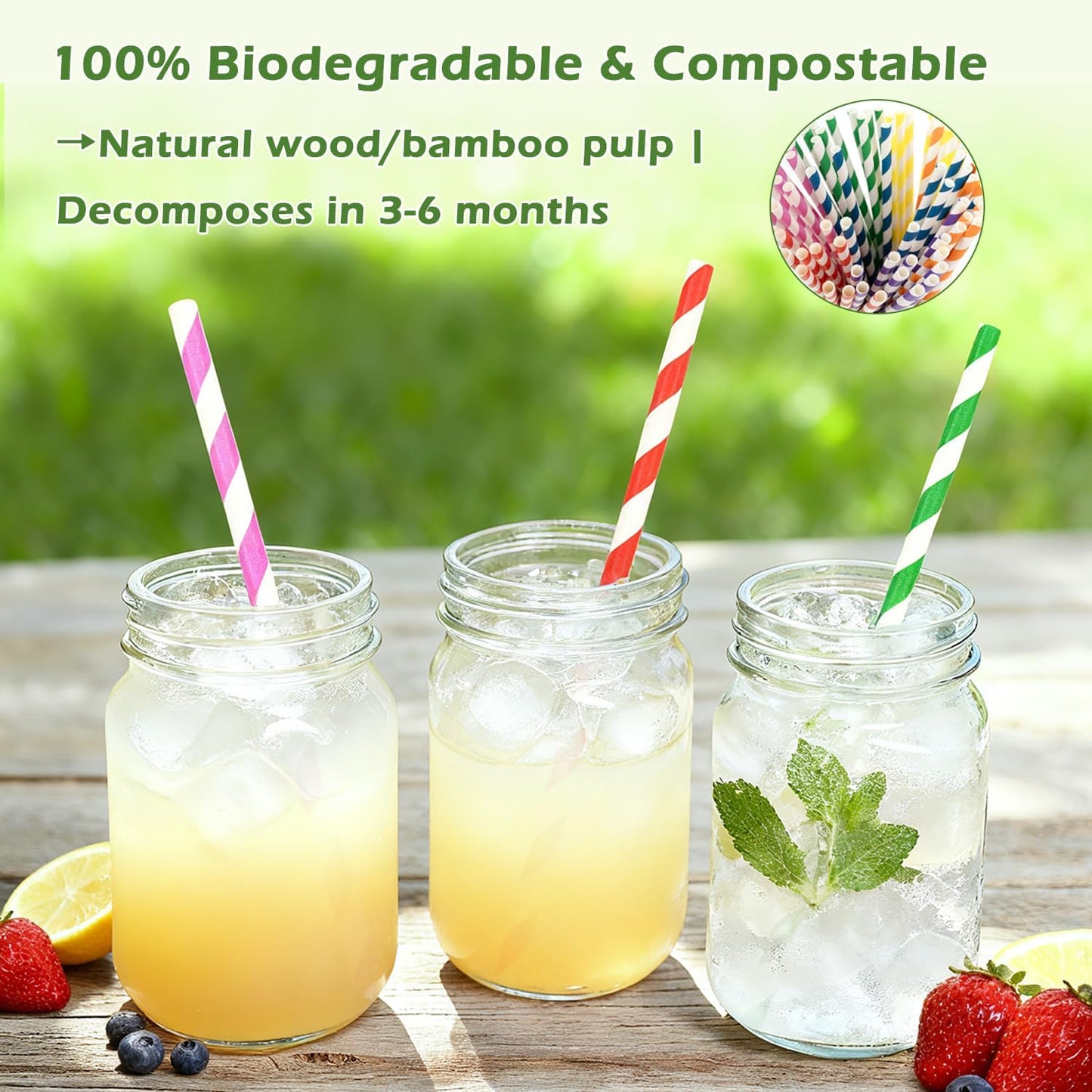 100 Pack Striped Paper Straws for Drinking– Sturdy & Non-Soggy – 100% Biodegradable disposable, Food-Safe Ink colorful straws, and Multi-Layered for Long-Lasting Use-Daily/Party/business