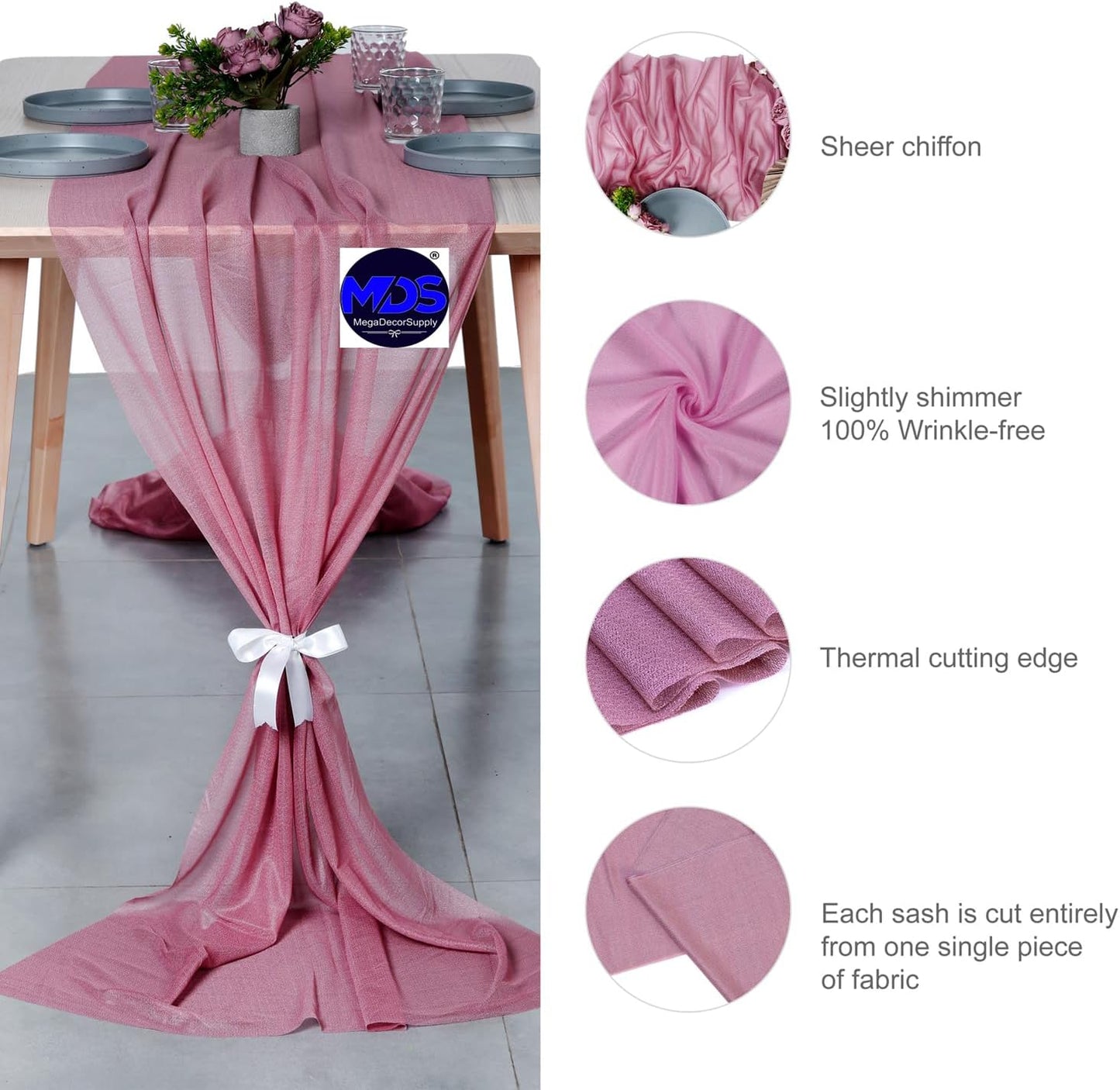 MDS 5 Pack 10ft Chiffon Table Runner 29 x 120 Inches Sheer Wedding Runner Romantic Rustic Table Runner for Wedding Decorations, Birthday Parties, Bridal Shower Party Arch Decor - mauva