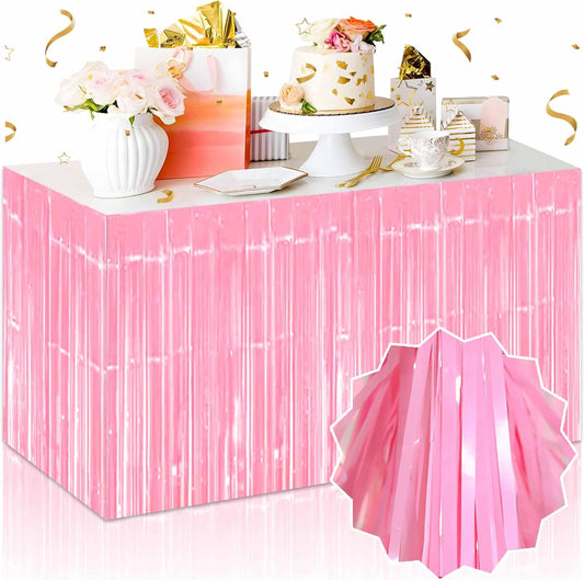 3 Pack 29 x108 Inch Macaron Pink Foil Fringe Table Skirts Metallic Banner for Tinsel Streamer Garland Backdrop for Parade Floats Mother's Day, Graduate, Birthday, Wedding Party Decoration