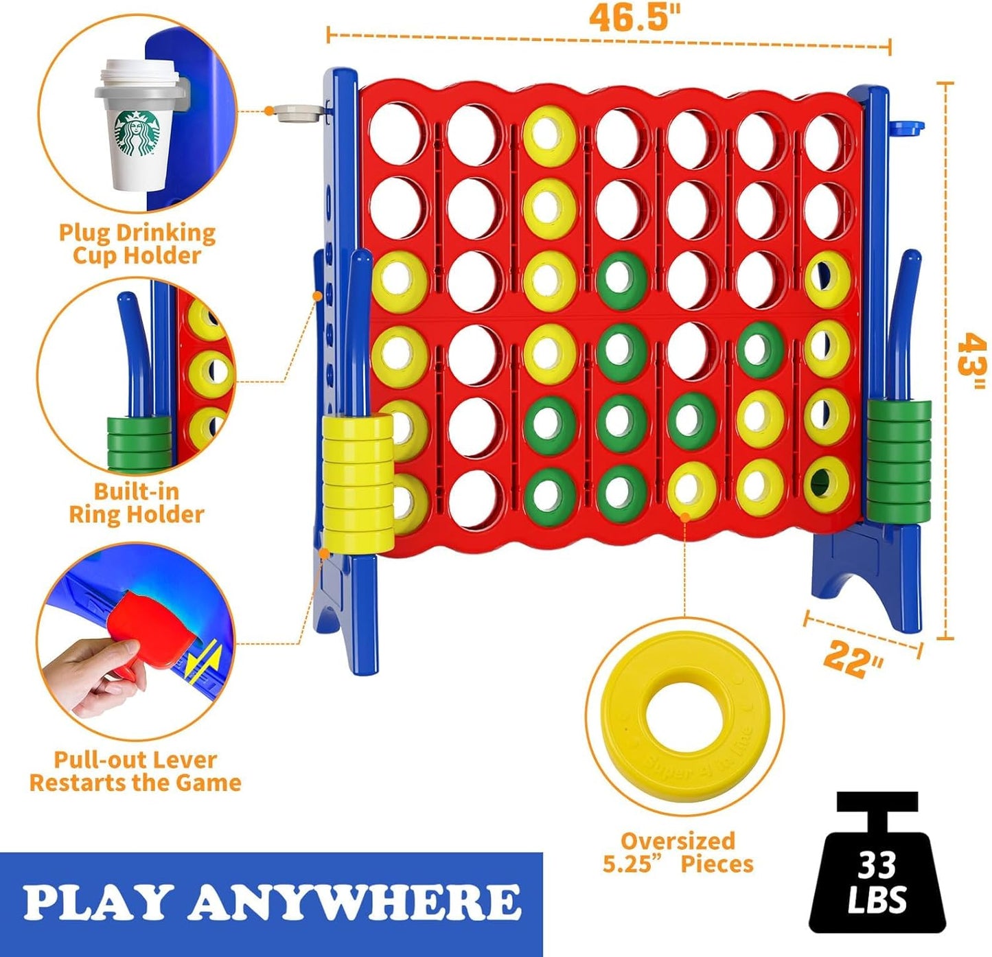Jumbo 4 in a Row Game Set,4FT Giant Game Set with Carry Bag&42 Pieces Rings&Cup Holder,Indoor/Outdoor Yard Game for Kids & Adults-Fun Family&Party Game-Boosts Brain Power(Red&Blue)