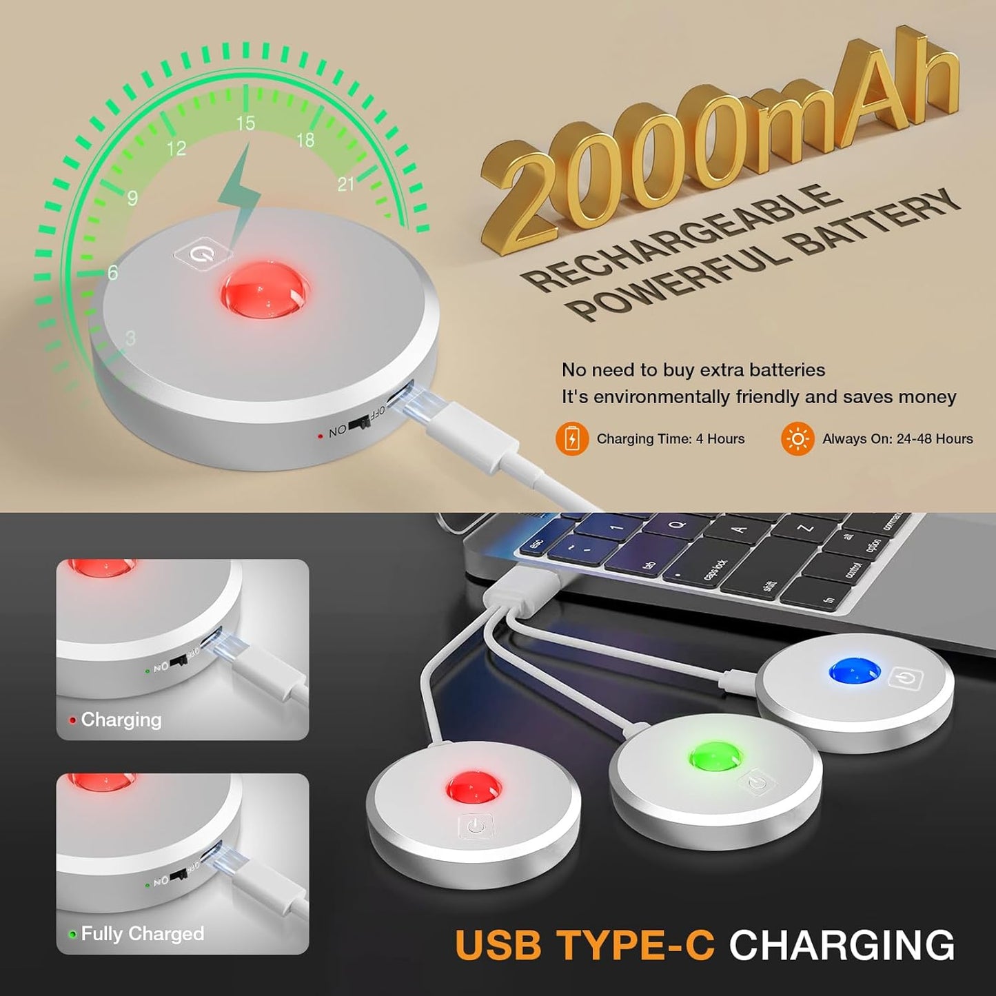 RGB Puck Lights with Remote Control, 2000mAh Rechargeable Stick on Led Lights, 9 Colors & 2 Dynamic, Tap Light with Timing,Under Cabinet Lighting for Closet,Kitchen,Cabinet,Shelf(Silver, 3 Pack)